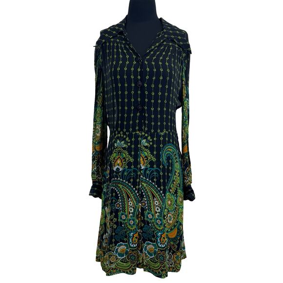 Vintage 70s Psychedelic Paisley Shirt Dress – Black, Green, Floral, M - Picture 7 of 16